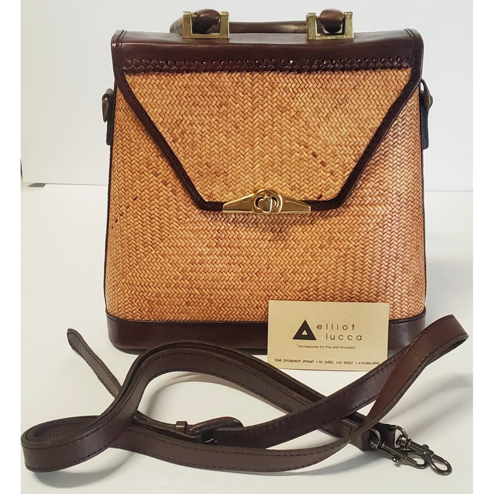 Elliot Lucca Woven & Brown Leather Handbag Purse Carry Wood Top Crossbody Strap
